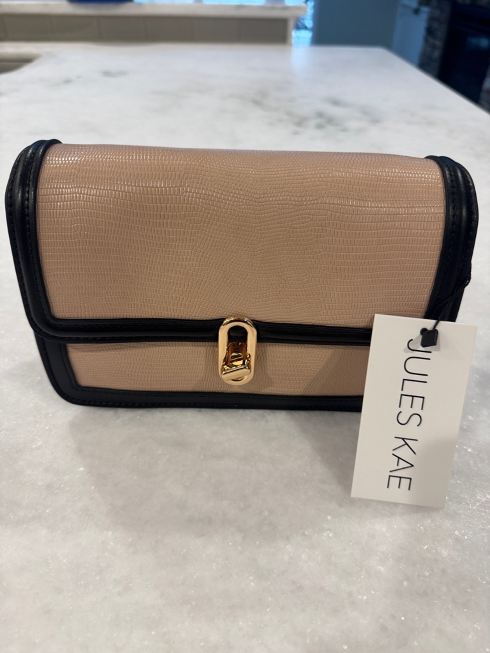 Jules Kae Beige and Black Crossbody Bag with Gold Hardware
